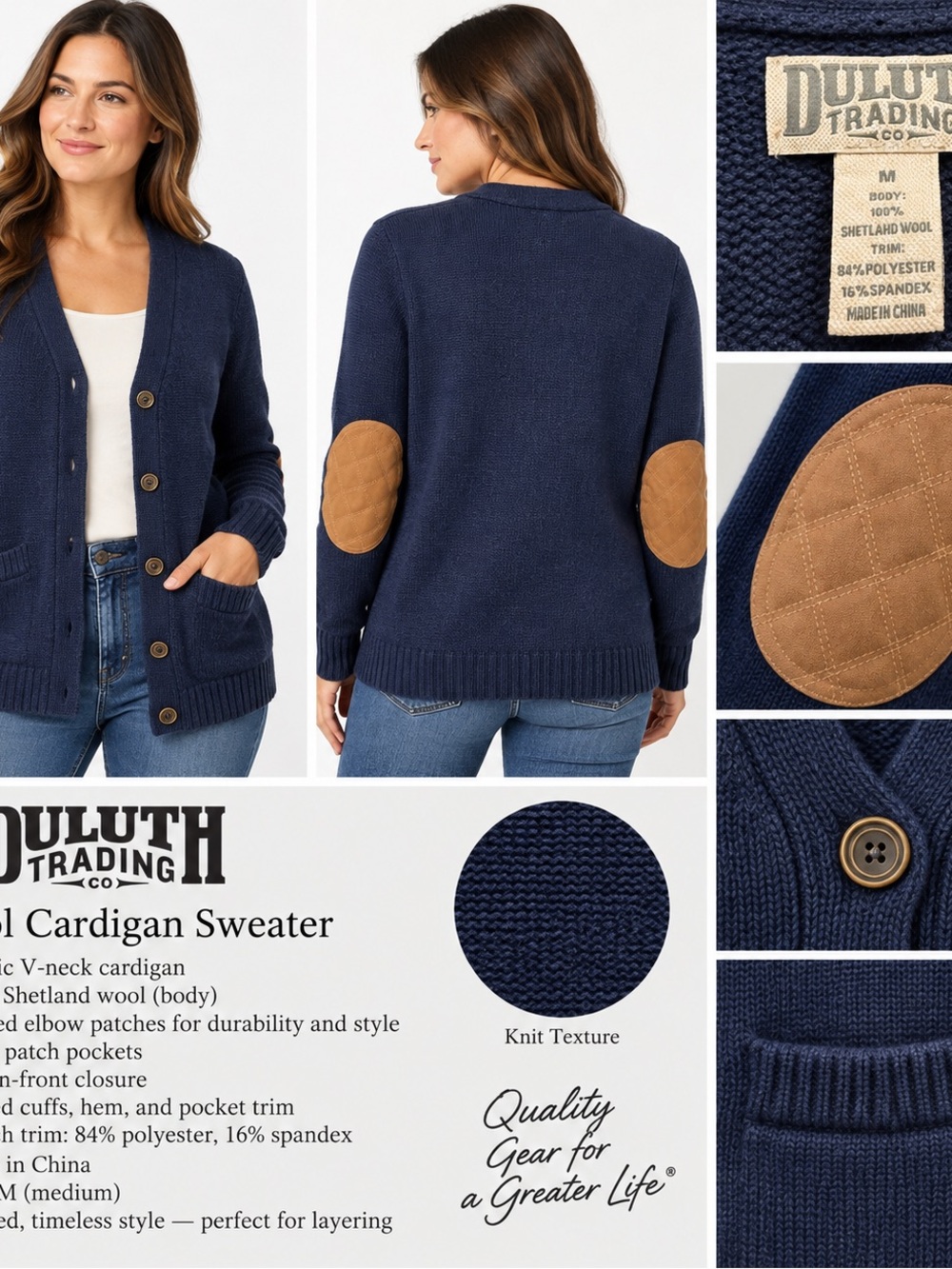 Duluth Trading Co. Shetland Wool Cardigan Sweater – Navy – Size Medium